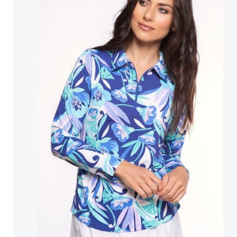IBKÜL Caroline Blue Floral Long Sleeve Zip Polo Golf Tennis Shirt Size Small